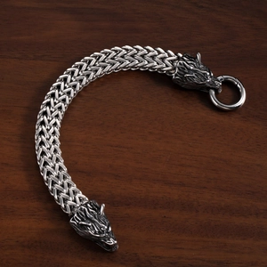 Bracelet Tête De Loup Viking Pour Hommes En Acier Inoxydable Chaîne Tressée Style Rétro Punk Nordique Bijoux Argentés
