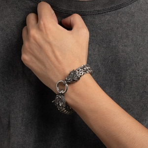 Bracelet Viking tête de loup pour homme en acier inoxydable avec chaîne tressée épaisse
