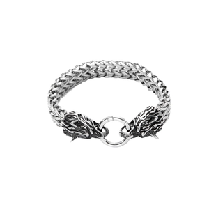 Bracelet en acier inoxydable de style punk avec chaîne d'écailles et têtes de loup