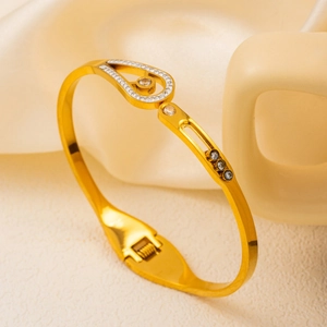 Elegant gold-plated stainless steel hollow teardrop bracelet with pavé rhinestones