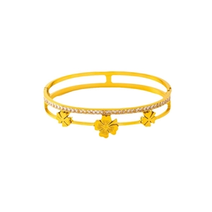 Double-layered 18k gold plated titanium steel clover bracelet with sparkling white stones