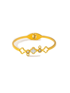 Detail of 18K gold stainless steel bangle with shell clover and zircon accents