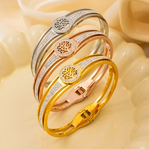 Bracelet Jonc Arbre De Vie En Acier Inoxydable Pour Femme Avec Zircons Incrustés Bijoux Creux Plaqué Or 18K
