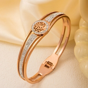 Bracelet arbre de vie en acier inoxydable or rose avec cristaux et fermeture à charnière