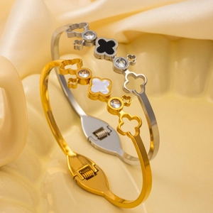 Stainless Steel Four Leaf Clover Bangle With Mother Of Artificial Pearl Zircon Enamel Elegant Hinged Cuff Bracelet For Women