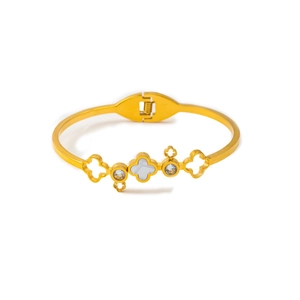Gold stainless steel open bangle with shell clover and sparkling zircon accents