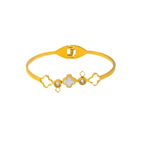 Gold stainless steel open bangle featuring shell clover and zircon crystal accents