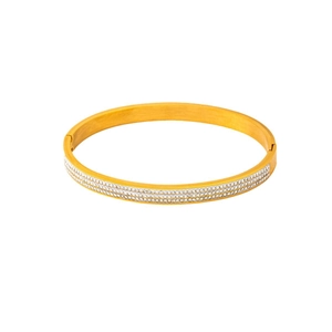 Elegant gold titanium steel bracelet featuring triple rows of shimmering white zircons