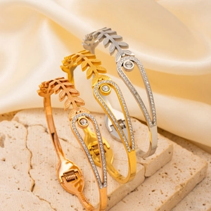 Stainless Steel Bangle Bracelet 18K Gold Plated Hollow Leaf Wheat Ear Zircon Rhinestone Elegant Fashion Jewelry For Women