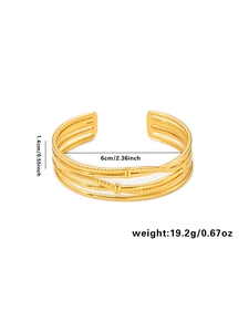 Detail showing dimensions of gold multi-layer C-shaped stainless steel cuff bracelet
