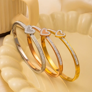 Bracelet Jonc Cœur En Acier Inoxydable Pour Femme Pavé De Strass Bijoux Cœur Étincelants Accessoire De Mode Luxe