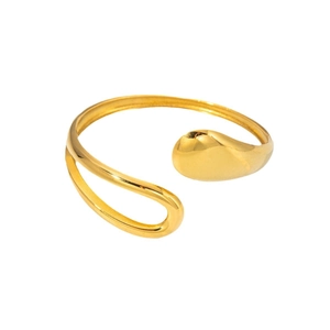 Polished golden stainless steel open cuff bracelet with sleek asymmetric teardrop ends