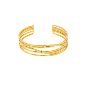 Adjustable layered gold titanium steel open bangle with sleek and twisted rope textures