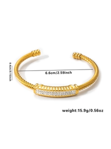 Detail of gold twisted cuff bracelet with double row rhinestones and dimensions shown