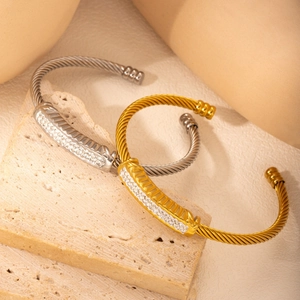 Twisted Cable Cuff Bracelet Stainless Steel Zircon Pave Open Bangle Fashion Luxury Jewelry For Women