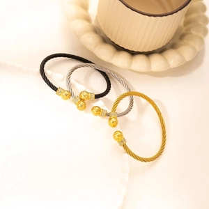 Twisted Cable Cuff Bangle Titanium Steel 18K Gold Plated Cubic Zirconia Hammered Ball Ends Vintage Luxury Hip Hop For Women
