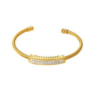 Elegant gold twisted cable open bangle featuring a double-row rhinestone bar setting