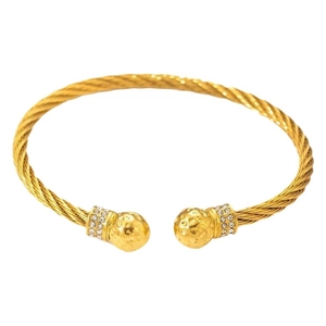 Gold cable wire twist bangle with hammered metal balls and sparkling zircon accents