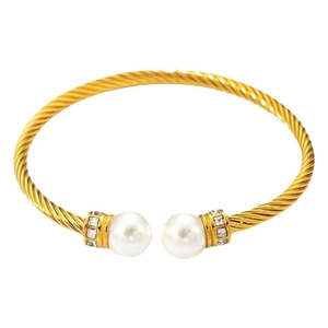 Elegant gold twisted wire cuff bracelet with double pearls and crystal accents