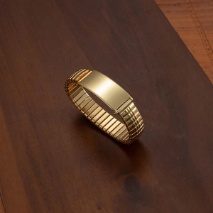 Adjustable golden stainless steel watch band bracelet with engravable metal nameplate