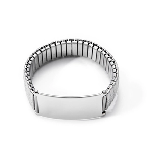 Polished silver stainless steel stretch watch band bracelet with rectangle ID nameplate