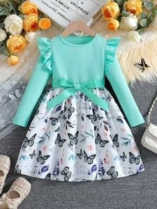 Girls Long Sleeve Princess Dress Mint Green Ruffle Bow Butterfly Floral Print Cotton Blend Dress For Kids Party
