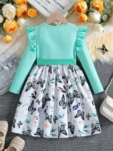 Girls mint green ruffle long sleeve dress with butterfly floral print skirt