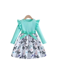 Girls long sleeve floral dress with mint green ribbed top and butterfly print skirt