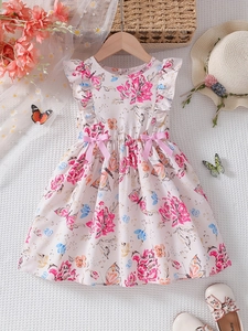 Vestito Estivo da Bambina con Fiori e Farfalle Senza Maniche con Volant Abito da Principessa per Feste in Morbido Misto Poliestere a Linea A