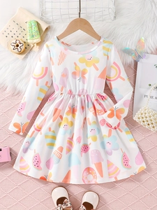 Mädchen Langarm Prinzessinnenkleid Cartoon Eiscreme Regenbogen Druck Plissee Taille Polyestermischung Frühling Herbst Kinder Kleidung