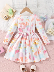 Langärmeliges Mädchenkleid mit bunten Dessert-Prints und elastischem Taillendesign