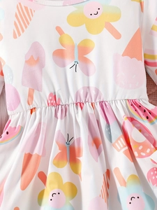 Mädchen Langarmkleid mit bunten Eiscreme-Prints und elastischem Faltenbund