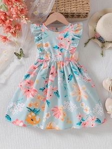 Toddler Girls Summer Floral Dress Ruffle Sleeve Sweet Princess Dress Cotton Blend Breathable A-Line Kids Vacation Clothes