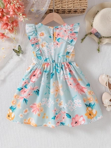 Light blue floral summer dress for girls with flutter sleeves and flower pattern