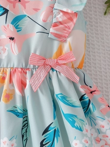 Light blue floral girls summer dress with cute pink checkered bow and flutter sleeves