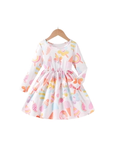 Mädchen Langarmkleid in Weiß mit bunten Cartoon-Eiscreme- und Regenbogen-Mustern