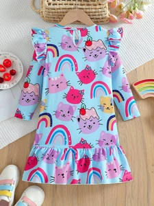 Blue long sleeve girls dress with cat and rainbow prints featuring ruffle shoulder details