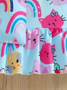 Long-sleeved blue princess dress for girls with cute cartoon cat and rainbow prints
