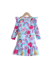 Light blue long sleeve girls dress with cartoon cat prints and matching mini bag