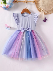 Girls Flutter Sleeve Rainbow Gradient Mesh Princess Dress Butterfly Bow Star Sequins Kids Summer Party Tutu Dress