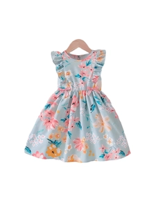 Floral print baby girl dress with ruffled sleeves and pink bows on a light blue base
