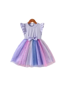 Girl's summer princess dress with purple flutter sleeves and rainbow gradient tulle skirt