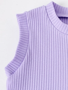 Close-up of light purple ribbed knit fabric and stitching details on a girls' tank top