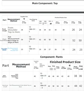 Size chart for girls summer pink tank top and plaid pants set ranging from 6 months to 5 years