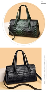 Détail de la texture crocodile sur des sacs élégants en similicuir vert et noir brillant