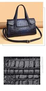 Vue détaillée de la texture crocodile et des coutures sur un sac en cuir de vache bleu foncé