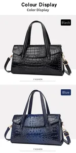 Détail du sac à main effet crocodile avec ferrures dorées en noir et bleu