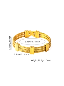 Detailed size chart showing 6.0cm inner diameter and 1.2cm width of gold twisted wire bangle