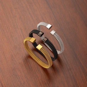 Stainless Steel Mesh Woven Cuff Bracelet Minimalist Industrial Style C Shape Open Bangle Jewelry Gift