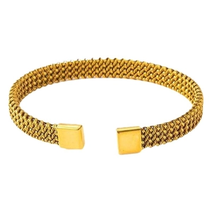 Minimalist gold woven mesh open cuff bracelet with square end caps in stainless steel